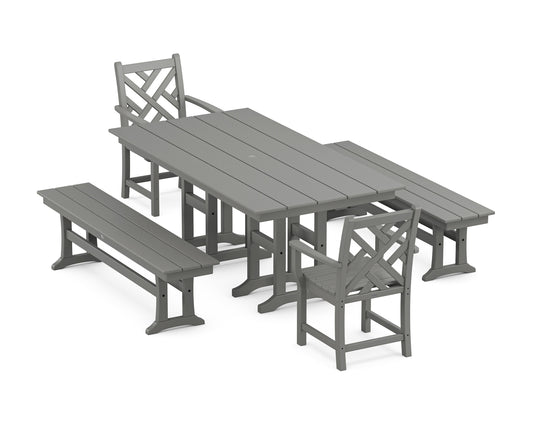 POLYWOOD Chippendale 5-Piece Farmhouse Dining Set with Benches — Slate Grey