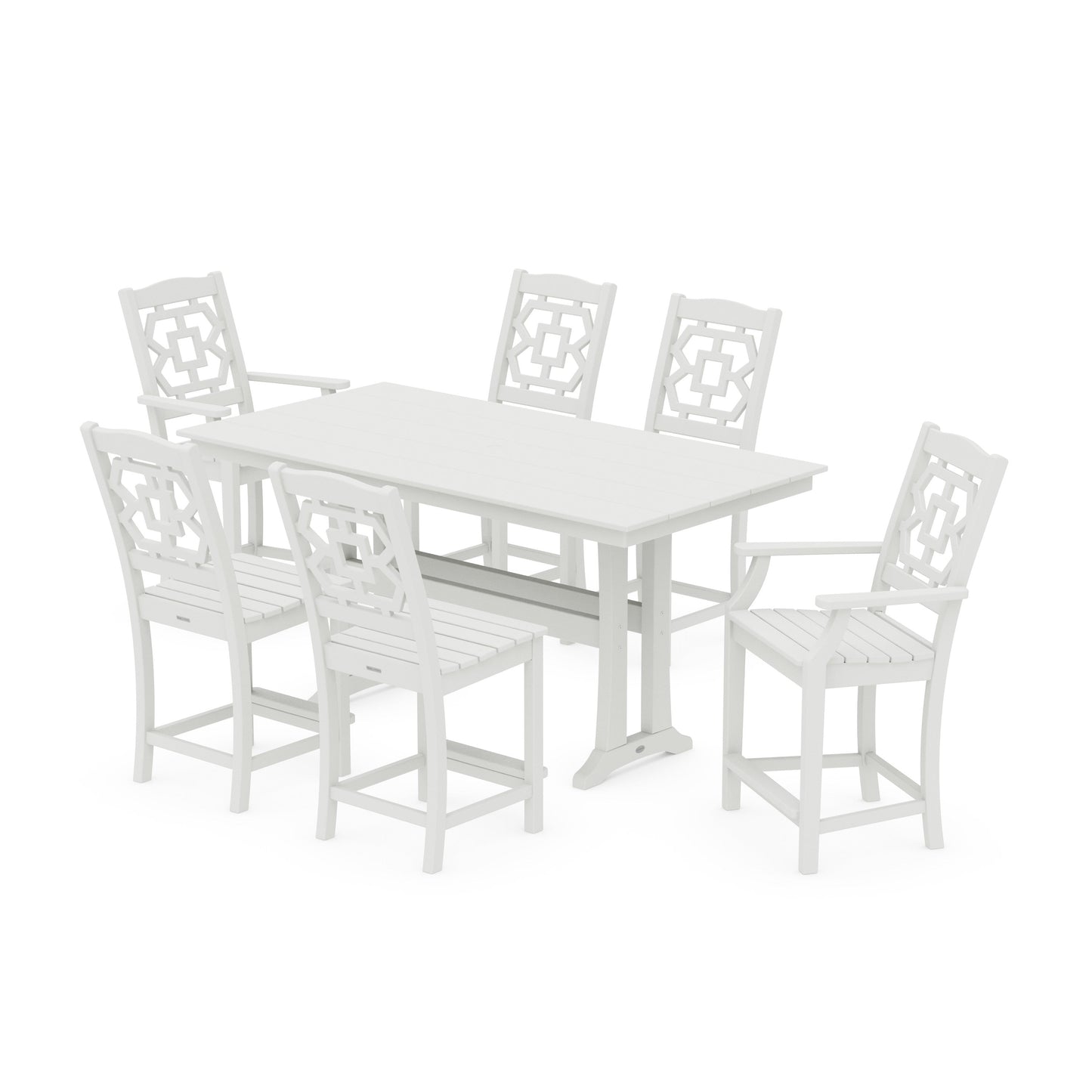 POLYWOOD Chinoiserie 7-Piece Farmhouse Counter Set with Trestle Legs — Vintage White