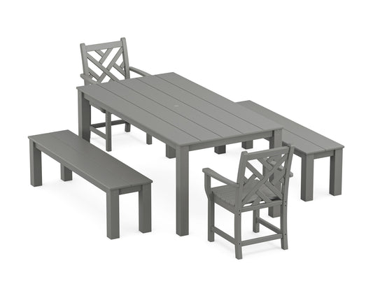 POLYWOOD Chippendale 5-Piece Parsons Dining Set with Benches — Slate Grey