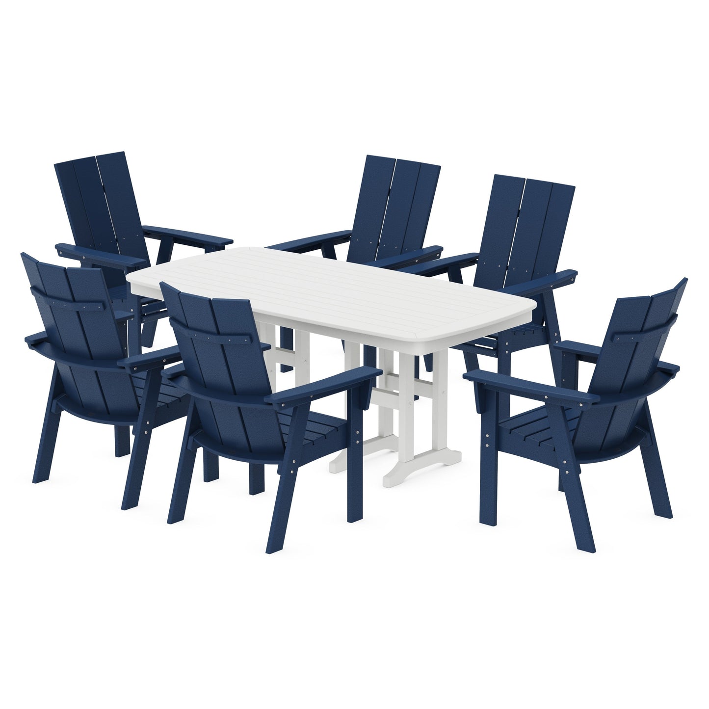 POLYWOOD Modern Curveback Adirondack 7-Piece Dining Set — Navy / White