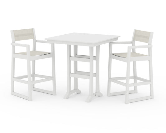 POLYWOOD EDGE Sling Arm Chair 3-Piece Farmhouse Bar Set with Trestle Legs — White / Parchment Sling