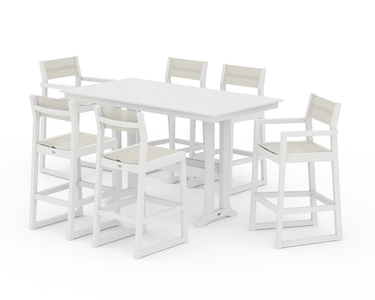 POLYWOOD EDGE Sling 7-Piece Farmhouse Bar Set with Trestle Legs — White / Parchment Sling
