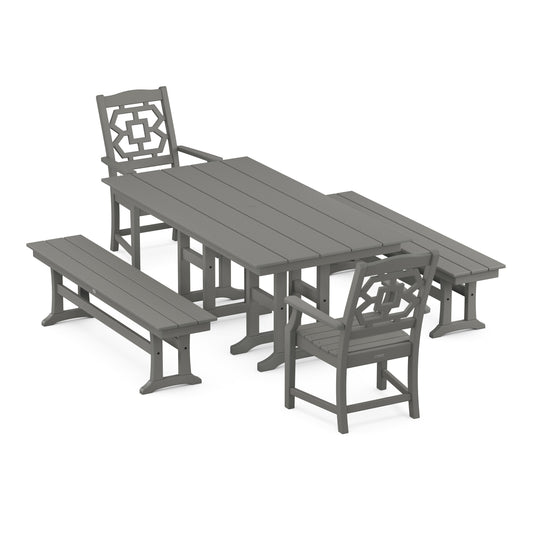 POLYWOOD Chinoiserie 5-Piece Farmhouse Dining Set with Benches — Slate Grey