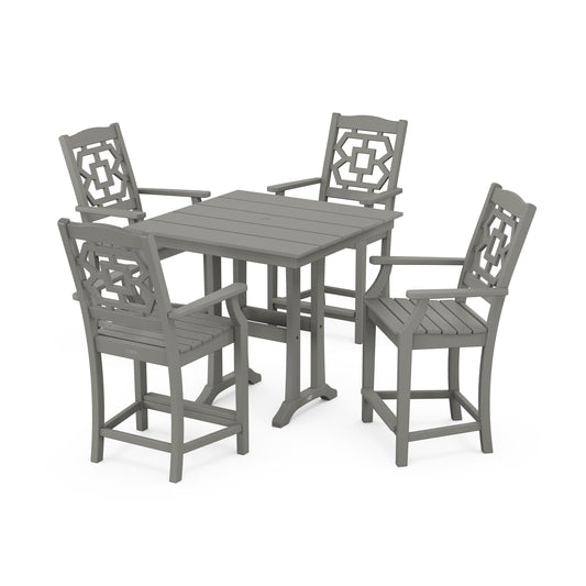 POLYWOOD Chinoiserie 5-Piece Farmhouse Counter Set with Trestle Legs — Slate Grey