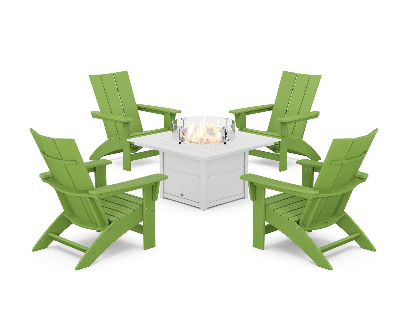 POLYWOOD 5-Piece Modern Grand Adirondack Conversation Set with Fire Pit Table — Lime / White