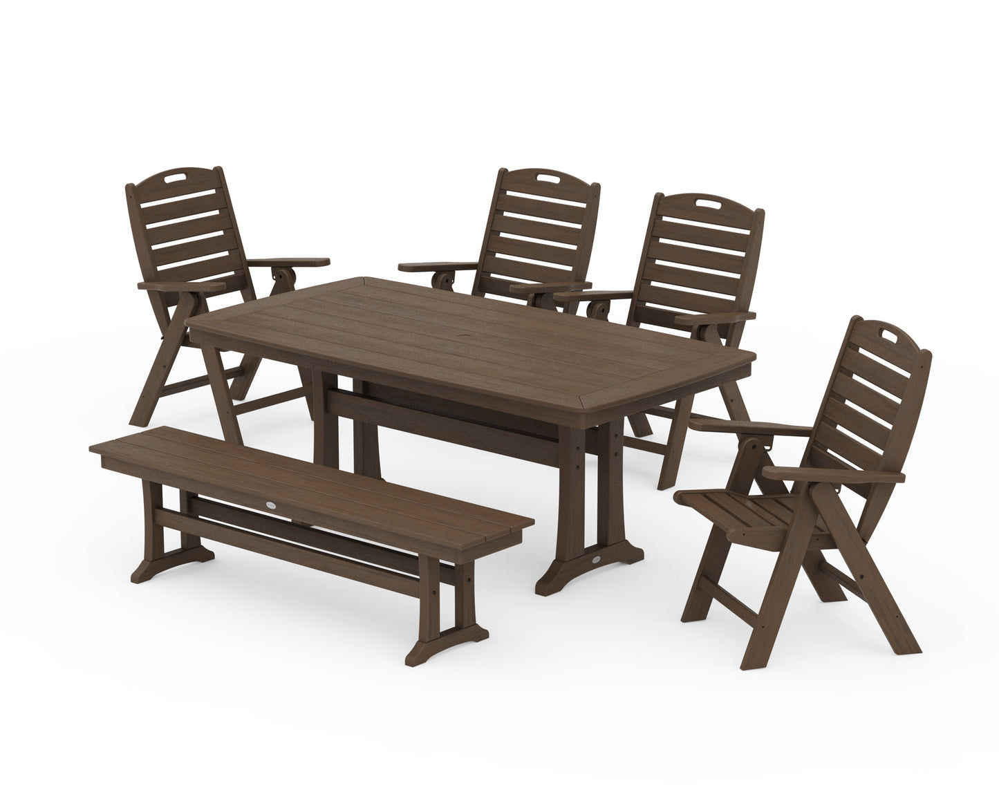 POLYWOOD Nautical Highback 6-Piece Dining Set with Trestle Legs and Bench — Kona