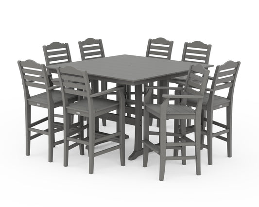 POLYWOOD Savannah 9-Piece Square Farmhouse Bar Set with Trestle Legs — Slate Grey