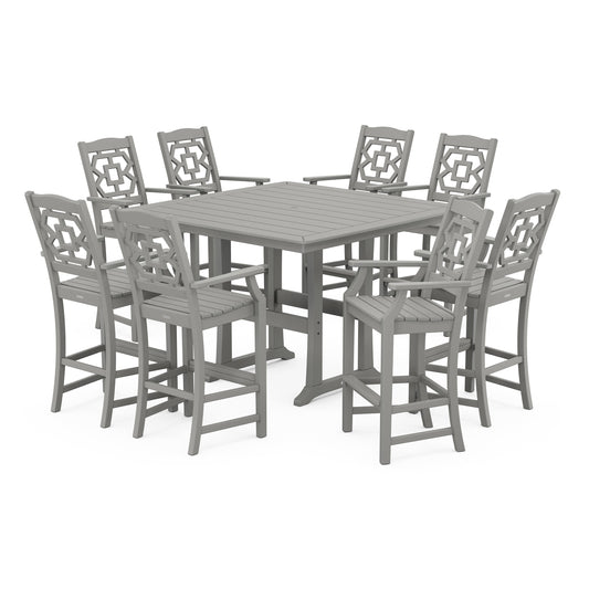 POLYWOOD Chinoiserie 9-Piece Square Bar Set with Trestle Legs — Slate Grey