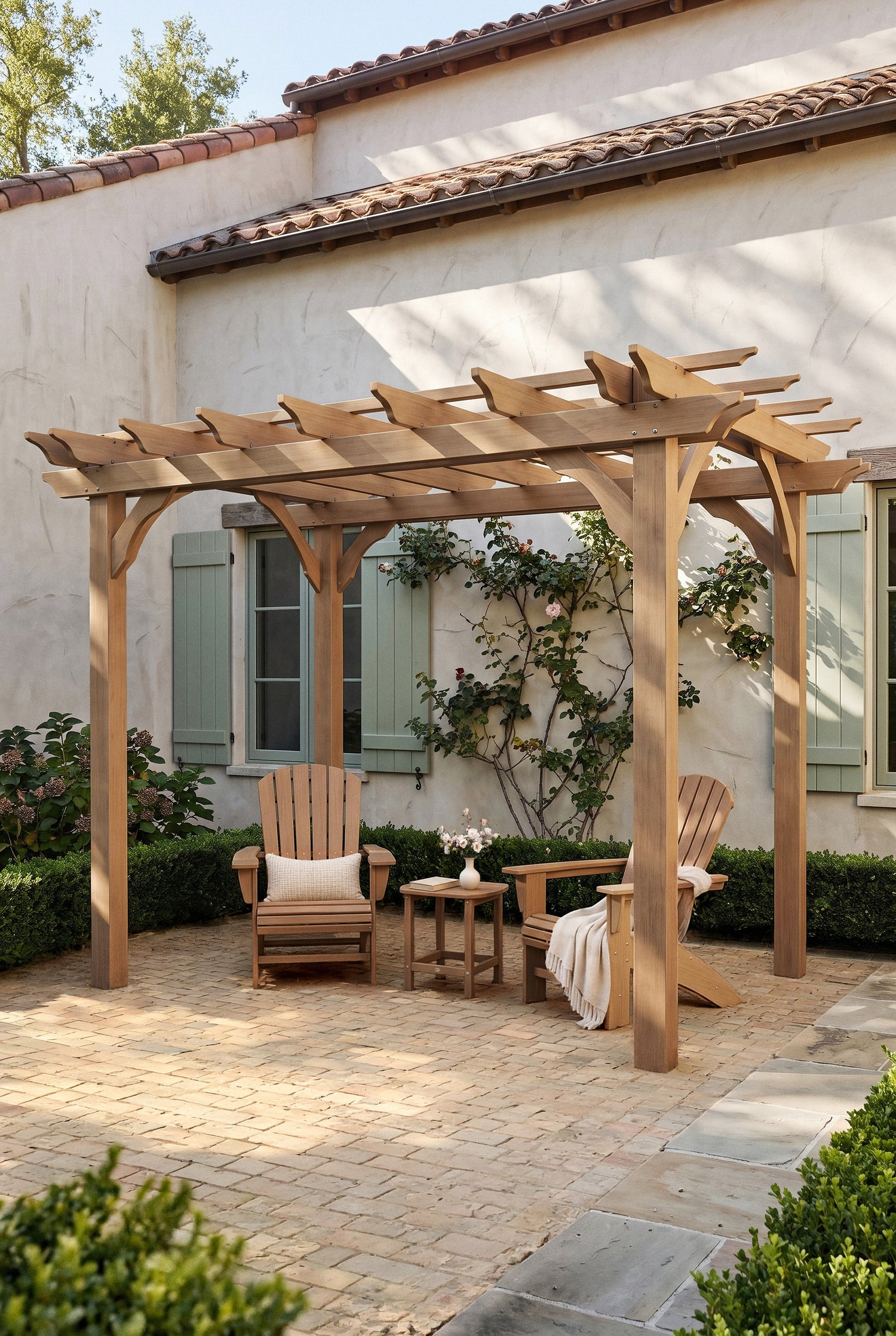 POLYWOOD Westgrove Pergola in a furnished courtyard patio setting