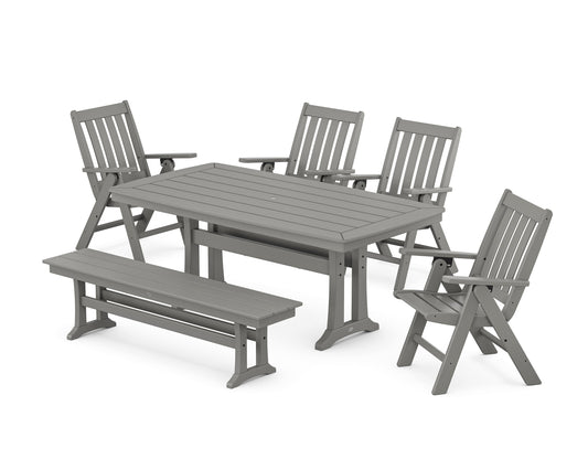 POLYWOOD Vineyard Folding Chair 6-Piece Dining Set with Trestle Legs and Bench — Slate Grey