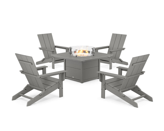 POLYWOOD 5-Piece Modern Studio Folding Adirondack Conversation Set with Fire Pit Table — Slate Grey