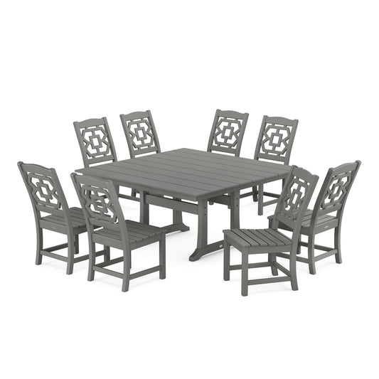 POLYWOOD Chinoiserie 9-Piece Square Farmhouse Side Chair Dining Set with Trestle Legs — Slate Grey