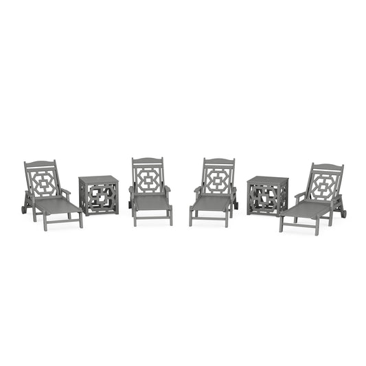 POLYWOOD Chinoiserie 6-Piece Chaise Set with Umbrella Stand Accent Table — Slate Grey