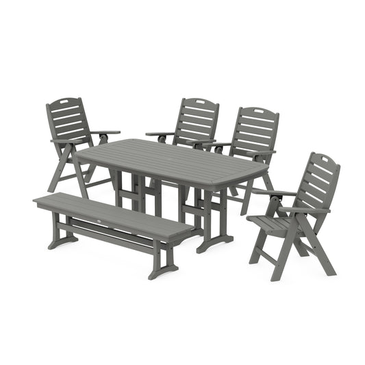 POLYWOOD Nautical Highback 6-Piece Dining Set with Bench — Slate Grey