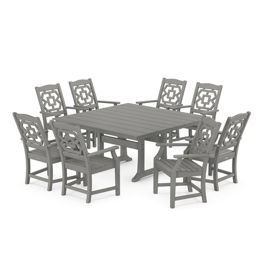 POLYWOOD Chinoiserie 9-Piece Square Farmhouse Dining Set with Trestle Legs — Slate Grey