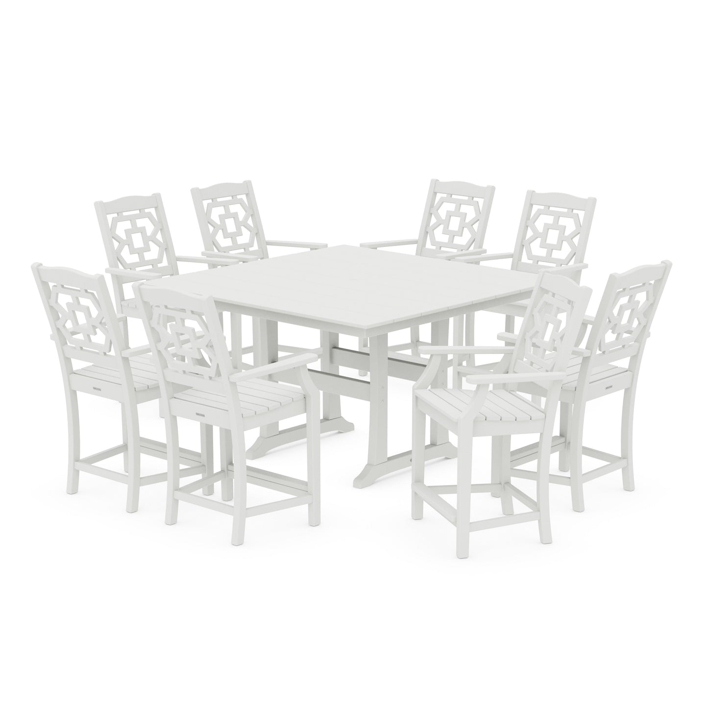 POLYWOOD Chinoiserie 9-Piece Square Farmhouse Counter Set with Trestle Legs — Vintage White
