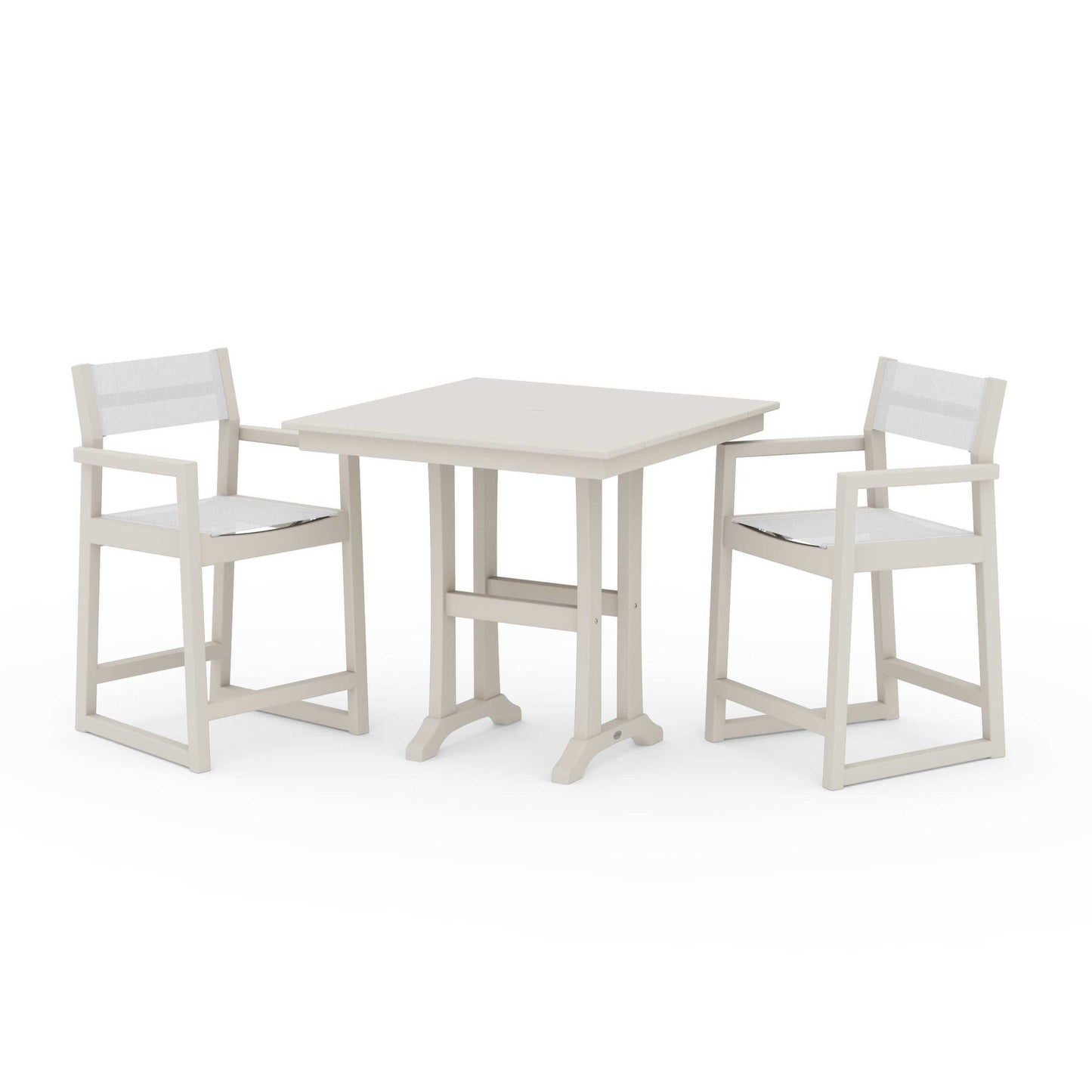 POLYWOOD EDGE Sling Arm Chair 3-Piece Farmhouse Counter Set with Trestle Legs — Sand / White Sling