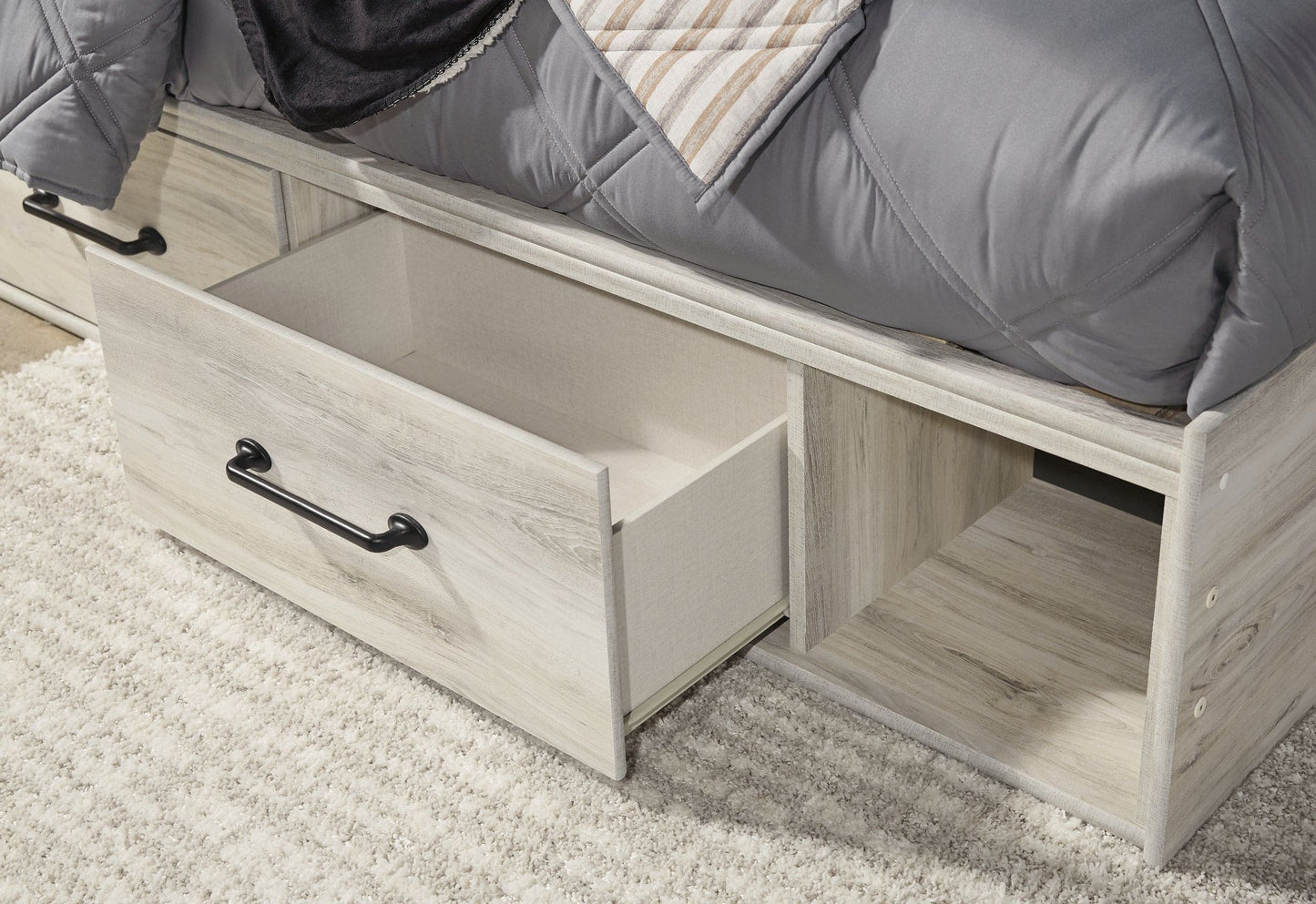 Cambeck Panel Bed With 4 Storage Drawers With Mirrored Dresser And Chest