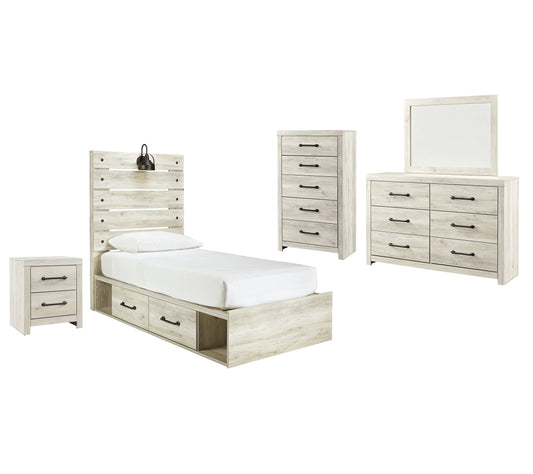 Cambeck Panel Bed With 2 Storage Drawers With Mirrored Dresser, Chest And Nightstand