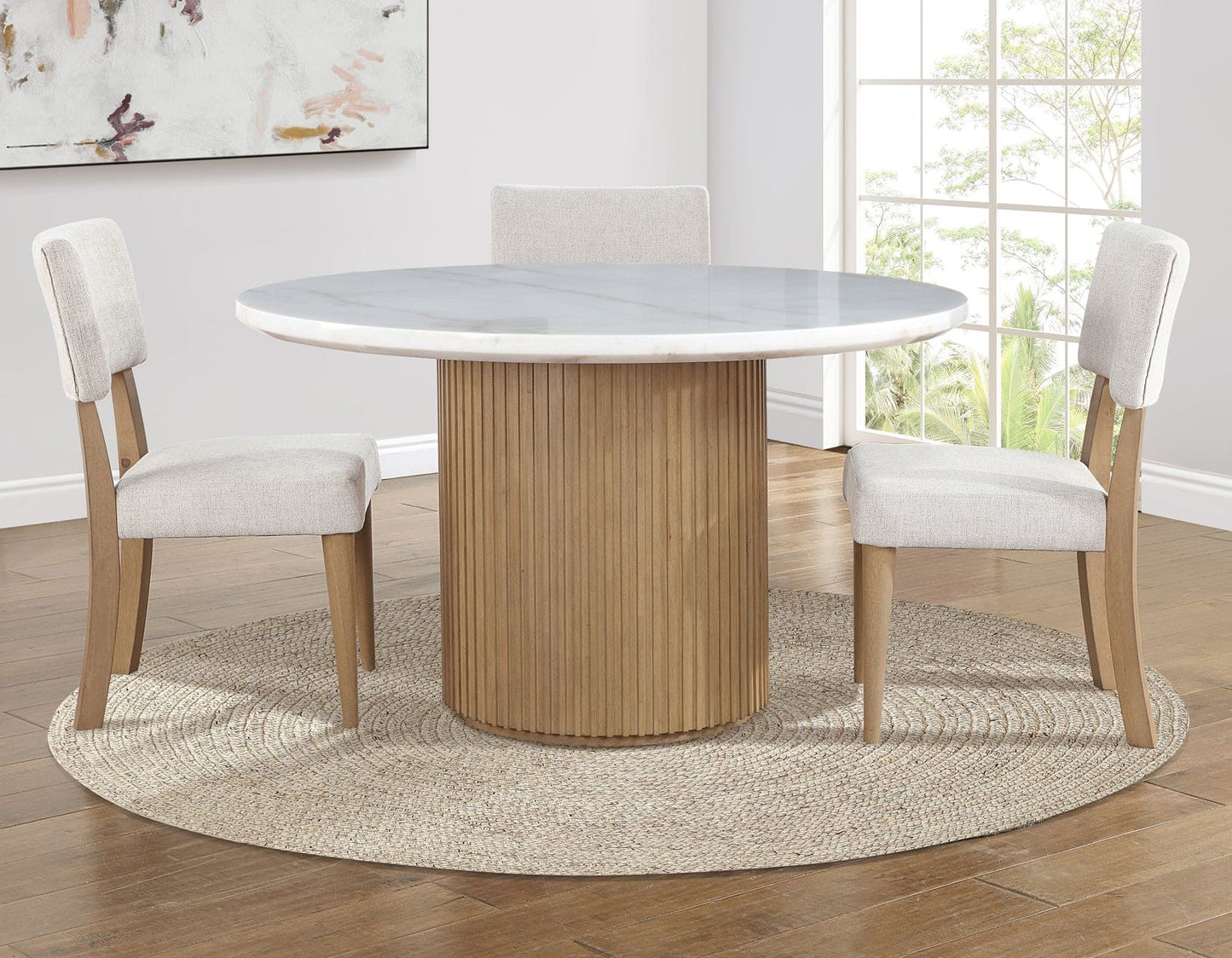 Colvin 5-Piece 52″ Round White Marble Dining Set, Toffee Finish