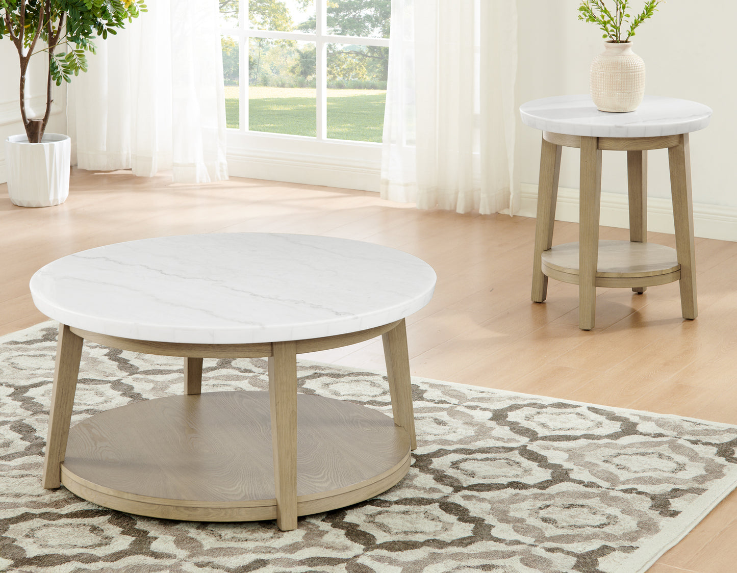 Vida Round 36″ White Marble Top Cocktail Table with Casters