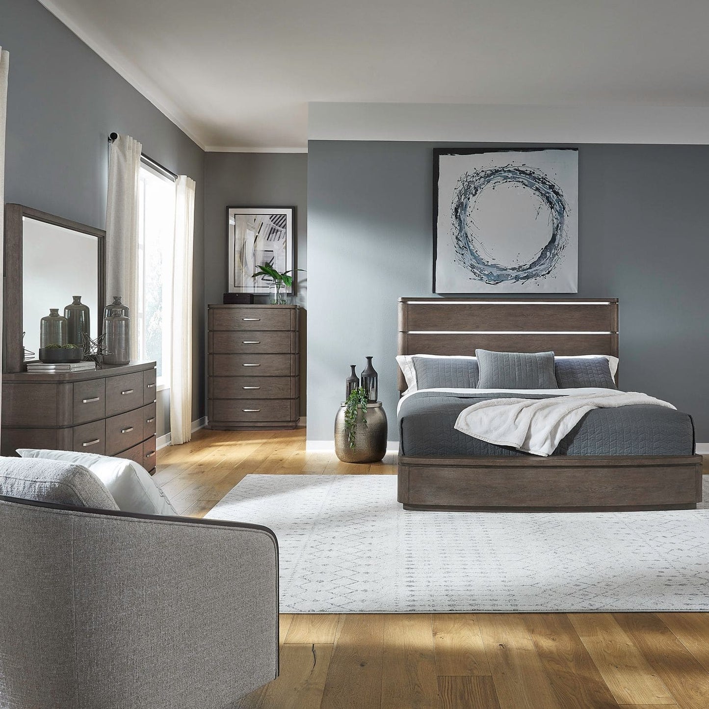 Cascade Falls - King California Panel Bed, Dresser & Mirror, Chest