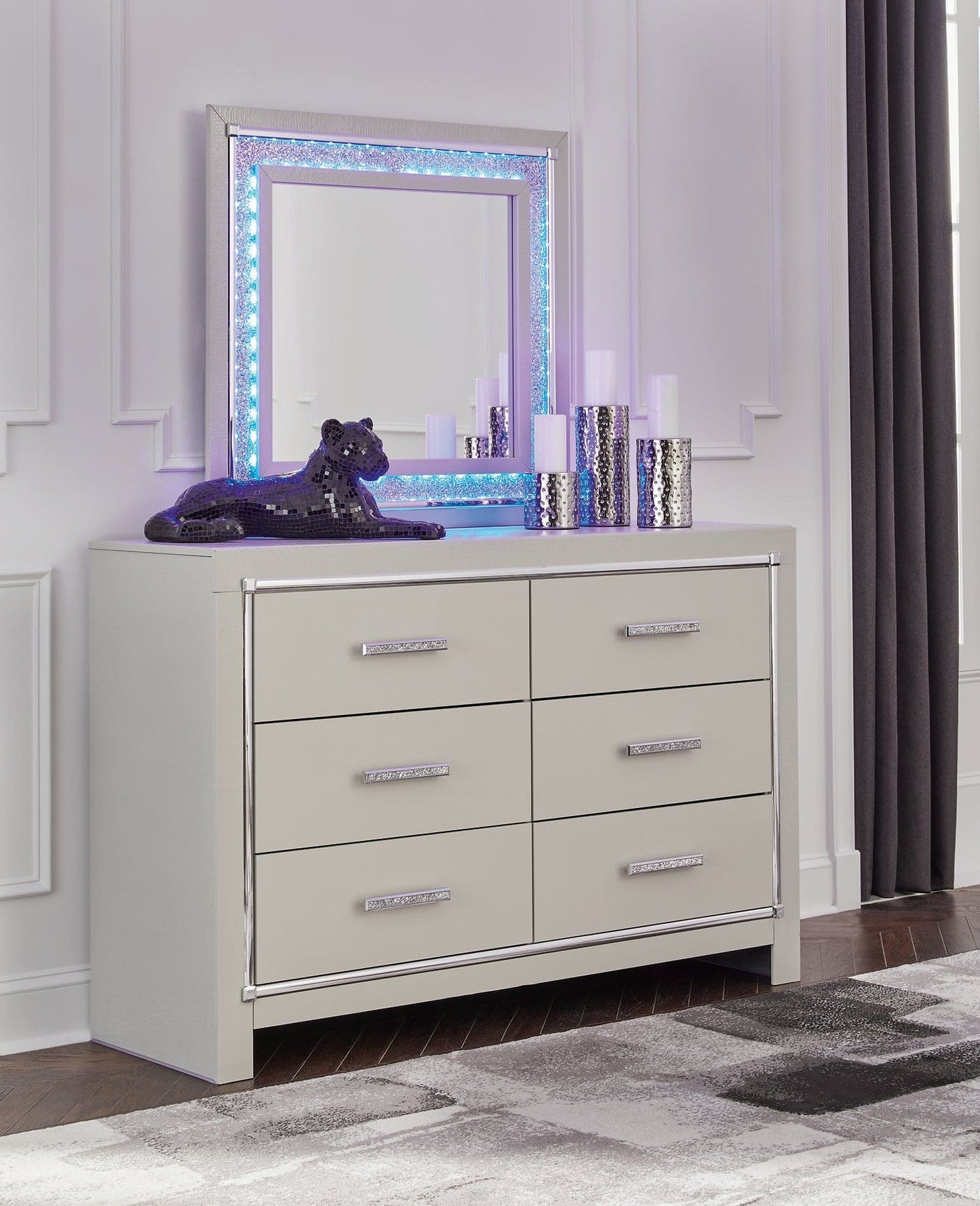 Zyniden Queen Upholstered Panel Headboard with Mirrored Dresser and Nightstand