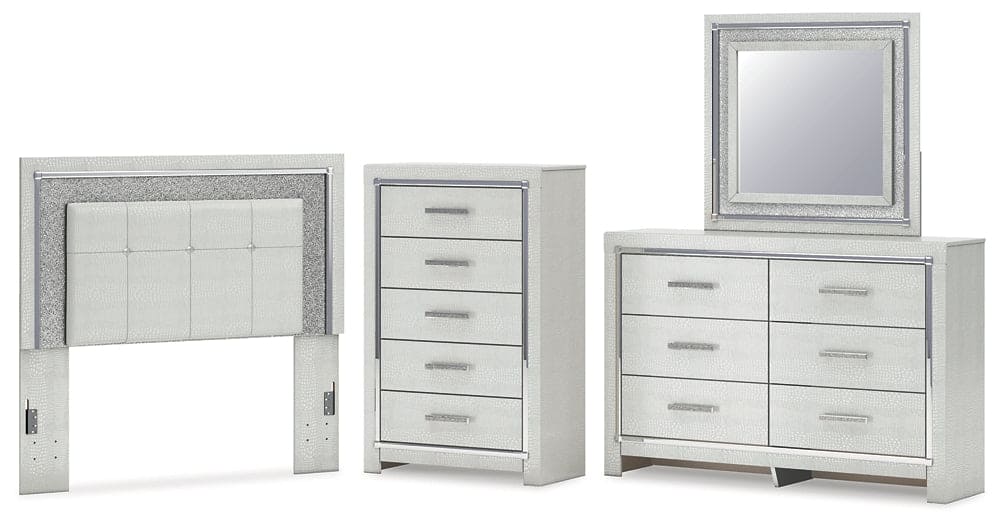 Zyniden Full Upholstered Panel Headboard with Mirrored Dresser and Chest