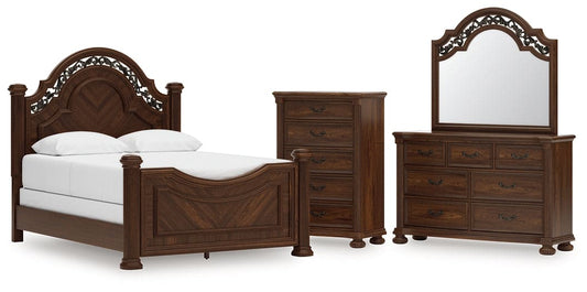 Lavinton Queen Poster Bed with Mirrored Dresser and Chest