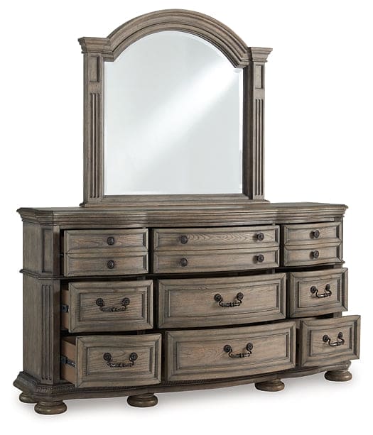 Ardenfield King Upholstered Sleigh Bed with Mirrored Dresser and Chest