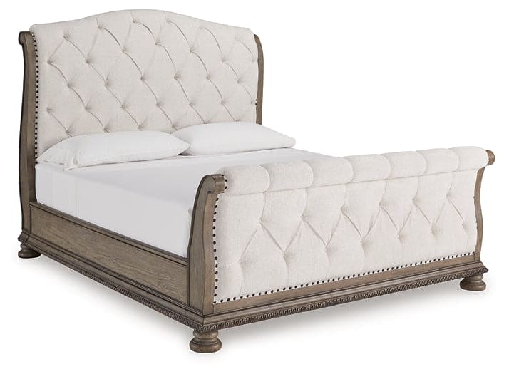 Ardenfield King Upholstered Sleigh Bed with Mirrored Dresser and Chest