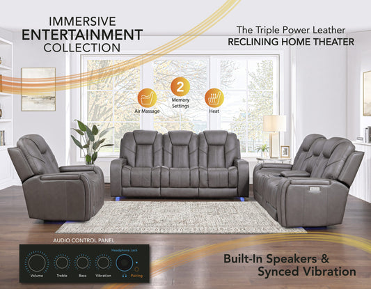 Daniel Triple Power Home Theater Immersive Entertainment Reclining Set, Leather
87″ Sofa, Drop-Down Console
75″ Console Loveseat
Recliner