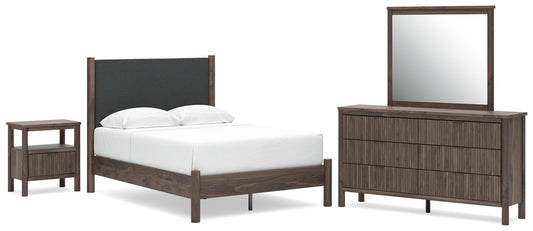 Cadmori Full Upholstered Panel Platform Bed, Dresser, Mirror and Nightstand