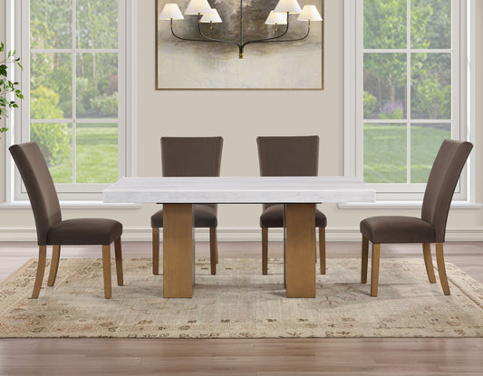 Artemis 70″ Rect White Marble Table, Tan Finish with 4 Brown Velvet Chairs
