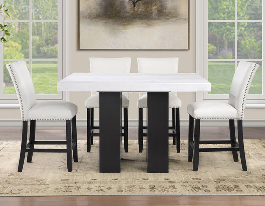 Artemis 5-piece 54″ Square White Marble Counter Table with 4 Artemis White Vegan Leather Counter Chairs