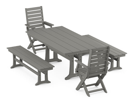 POLYWOOD Captain Folding Chair 5-Piece Farmhouse Dining Set With Trestle Legs — Slate Grey