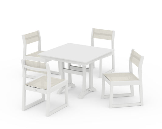 POLYWOOD EDGE Sling 5-Piece Farmhouse Trestle Side Chair Dining Set — White / Parchment Sling