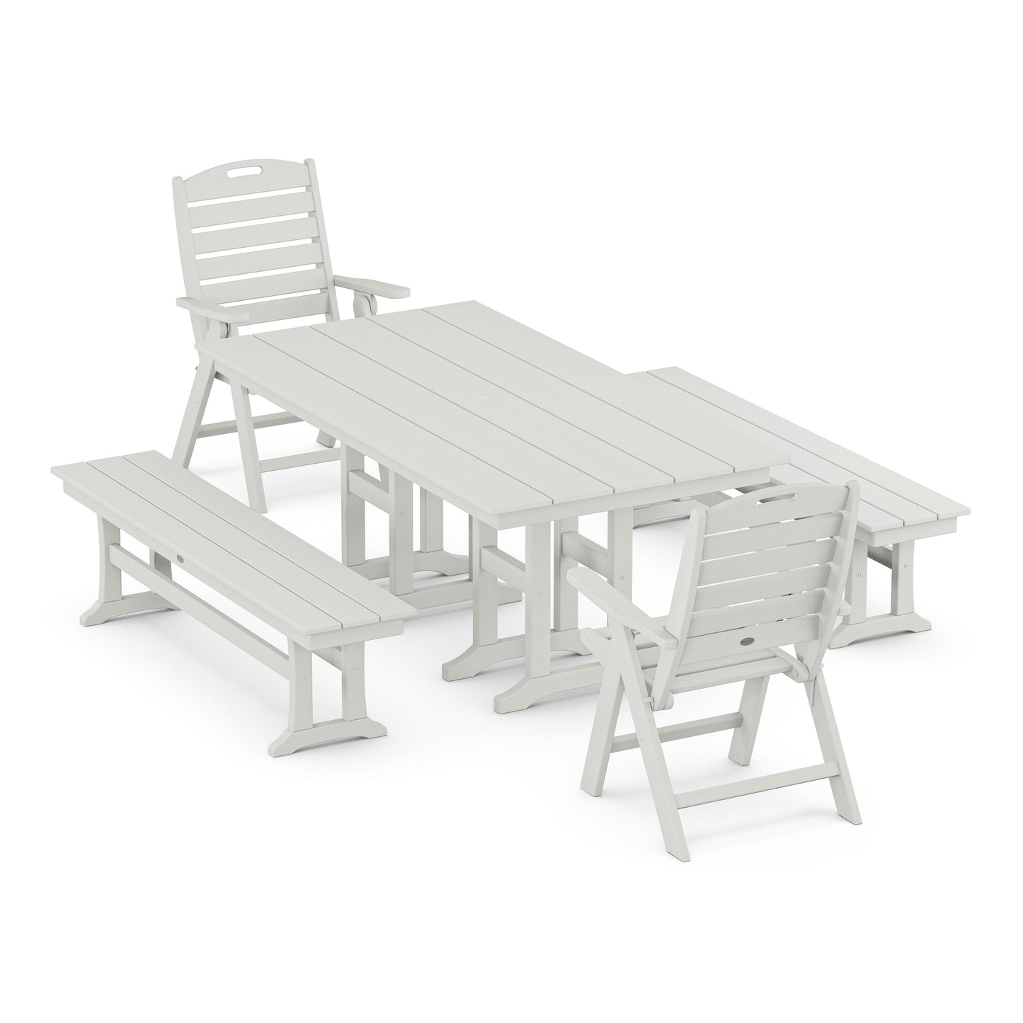 POLYWOOD Nautical Highback 5-Piece Farmhouse Dining Set with Benches — Vintage White