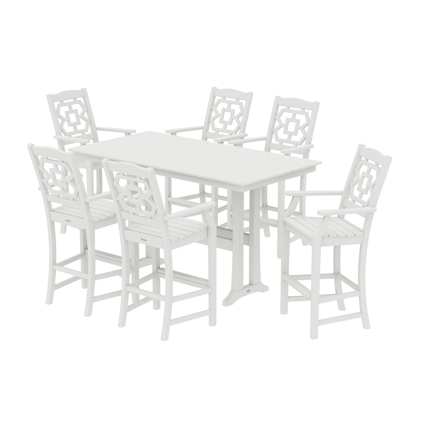 POLYWOOD Chinoiserie Arm Chair 7-Piece Farmhouse Bar Set with Trestle Legs — Vintage White