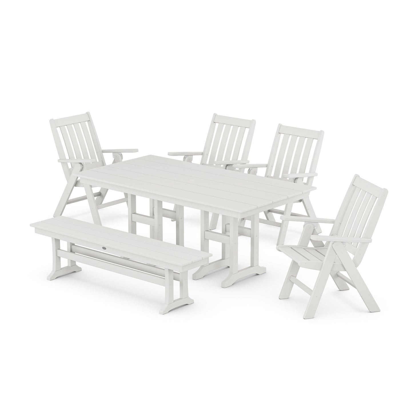 POLYWOOD Vineyard Folding Chair 6-Piece Farmhouse Dining Set with Bench — Vintage White