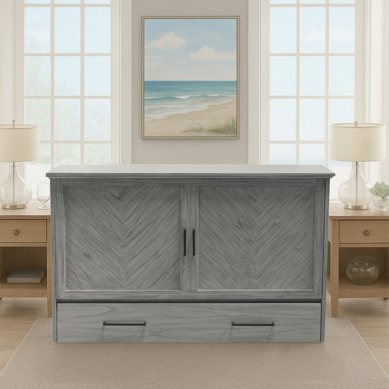 Belize Queen Size Wooden Cabinet Bed in Beach Sand Finish with USB Port, Drawer, and 6-Inch Tri-Fold Memory Foam Mattress