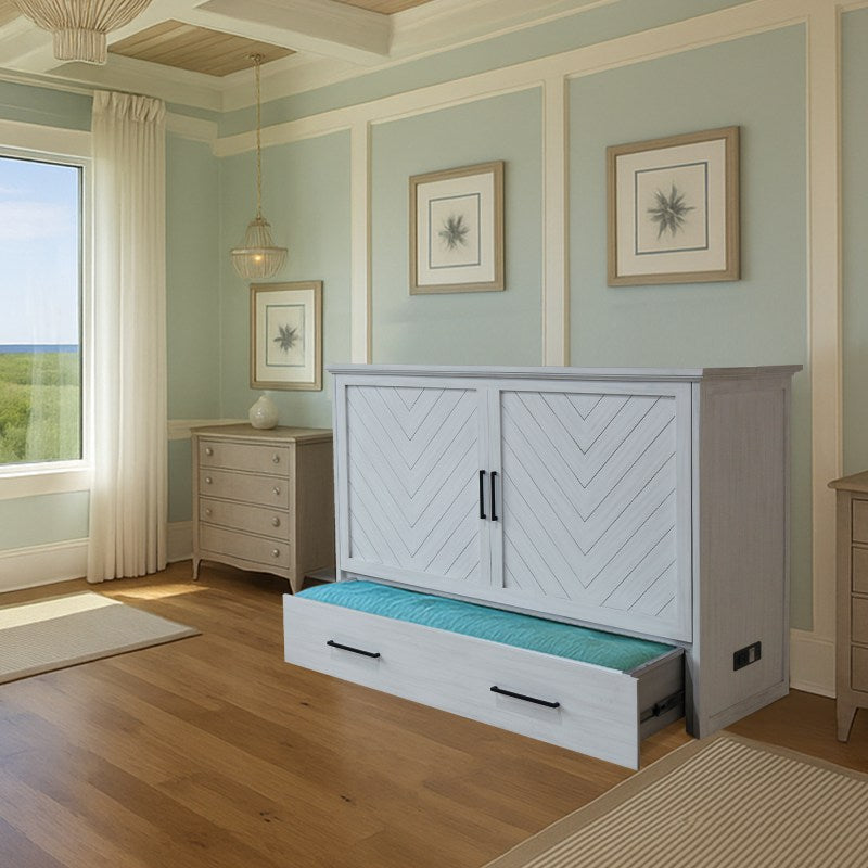 Belize Queen Size Wooden Cabinet Bed in Monaco White Finish with USB Port, Drawer, and 6-Inch Tri-Fold Memory Foam Mattress