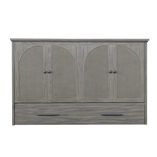 Paloma Queen Size Wooden Cabinet Bed in Beach Sand Finish with USB Port, Drawer, and 6-Inch Tri-Fold Memory Foam Mattress
