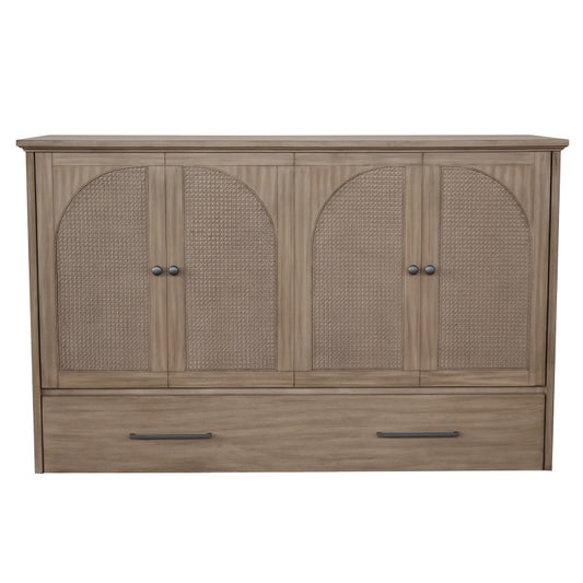 Paloma Queen Size Wooden Cabinet Bed in Natural Finish with USB Port, Drawer, and 6-Inch Tri-Fold Memory Foam Mattress