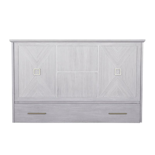 Universal Queen Size Wooden Cabinet Bed in Rustic Driftwood Finish with Rattan Decor, USB Port, Drawer, and 6-Inch Tri-fold Memory Foam Mattress
