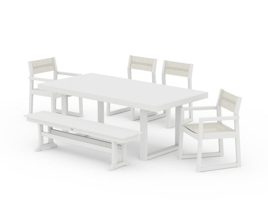 POLYWOOD EDGE Sling 6-Piece Dining Set with Bench — White / Parchment Sling