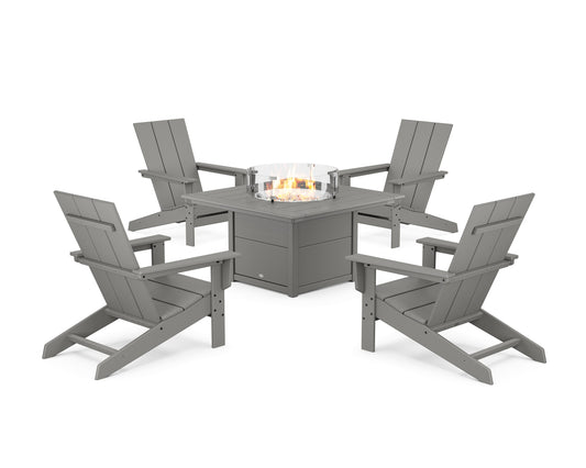 POLYWOOD 5-Piece Modern Studio Adirondack Conversation Set with Fire Pit Table — Slate Grey