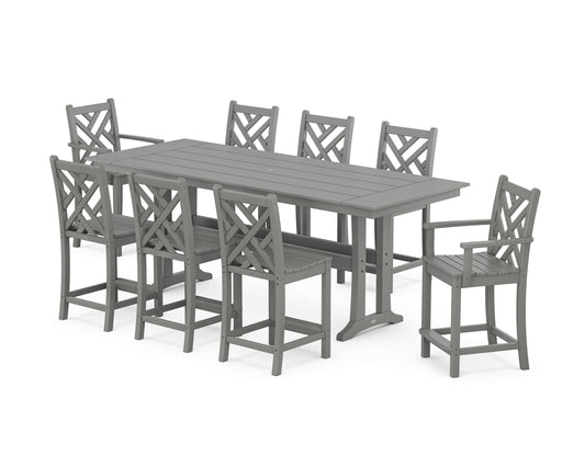 POLYWOOD Chippendale 9-Piece Farmhouse Counter Set with Trestle Legs — Slate Grey