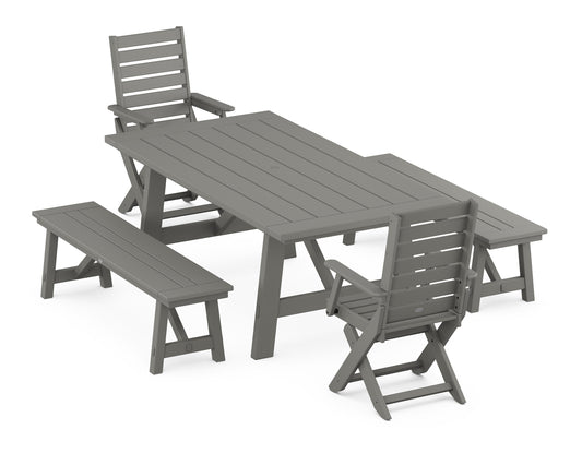 POLYWOOD Captain Folding Chair 5-Piece Rustic Farmhouse Dining Set With Benches — Slate Grey