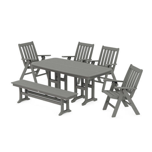 POLYWOOD Vineyard Folding Chair 6-Piece Dining Set with Bench — Slate Grey